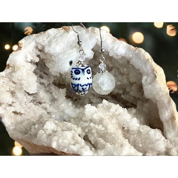 Night Owl Ceramic Bird Crackle Quartz Moon Dangle Earrings - Picture 1 of 7